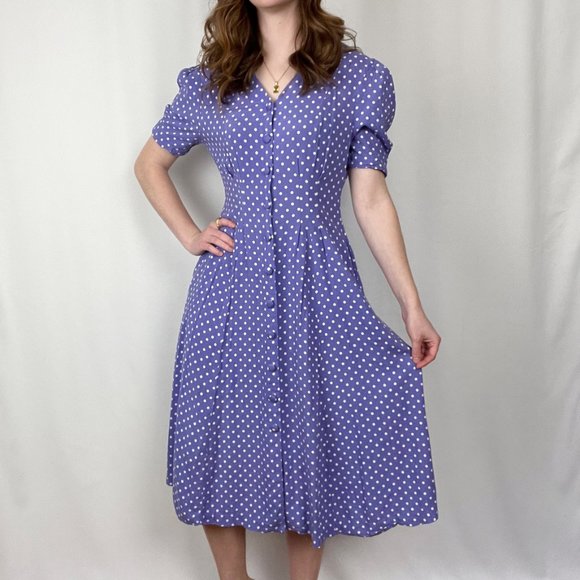 Vintage Cottagecore Puff Sleeve Button Up Pleated Midi Short Sleeve Summer Dress - Picture 4 of 9